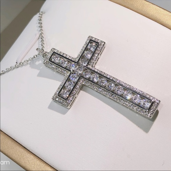 New 925 Silver Men Women Luxury Cross Diamond Necklace - Picture 8 of 16